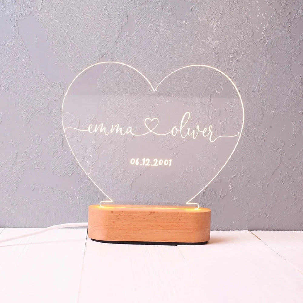 Custom acrylic night light with illuminated names and date for Valentine's gift