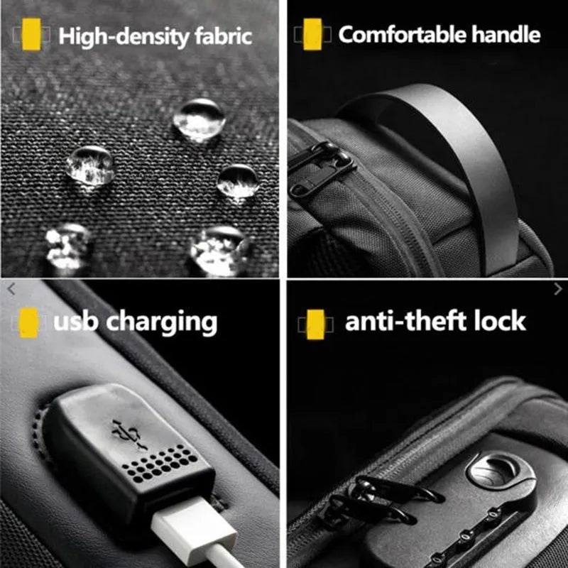 Men's black Oxford cloth crossbody bag showing front zipper and shoulder strap, with internal phone and laptop pockets visible.