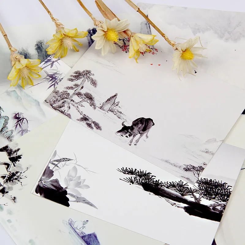 Set of nine minimalist cartoon postcards with Japanese-style retro Paris tower and historic site illustrations.