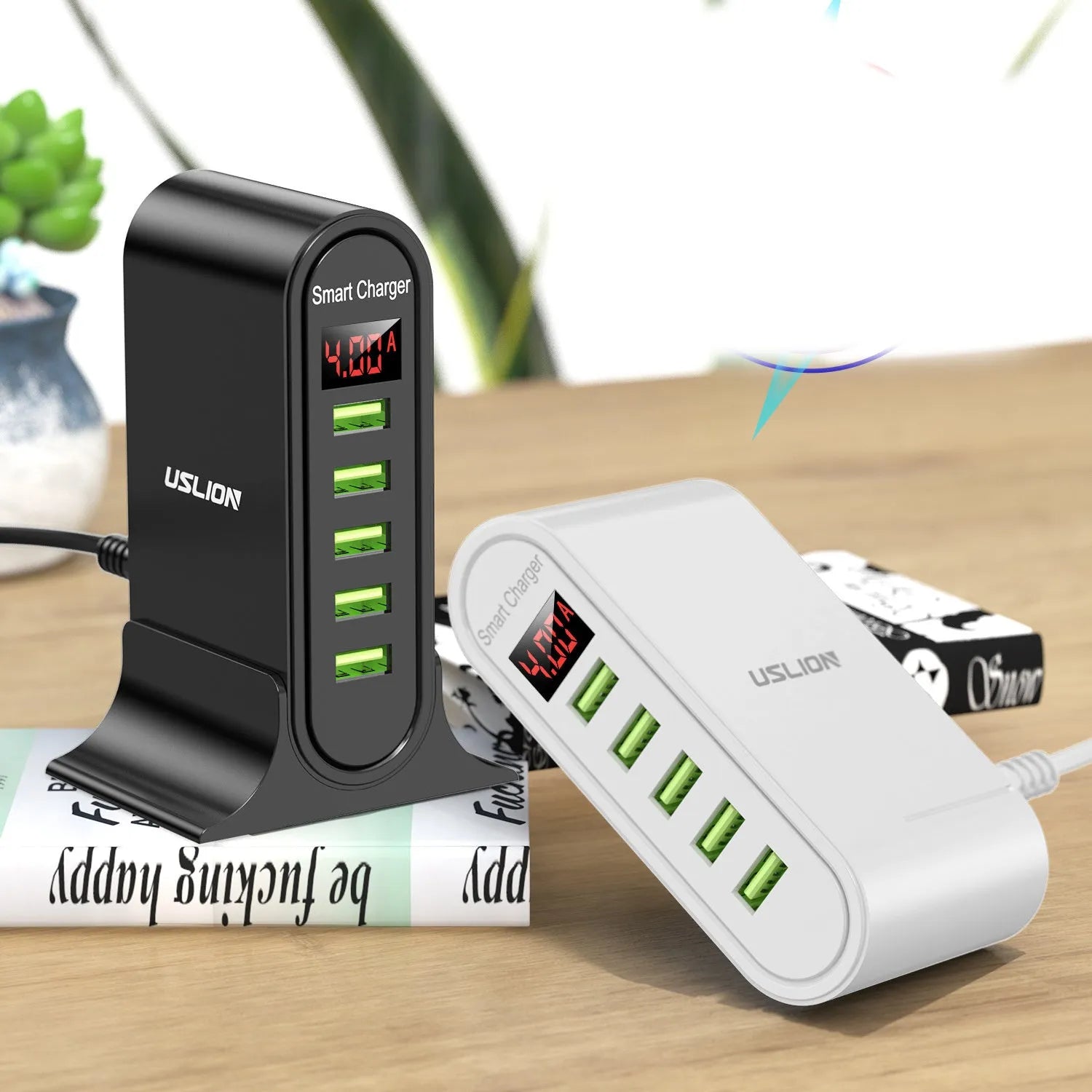 Smart LED digital display USB wall charger in black and white, showing dual ports and voltage readout.