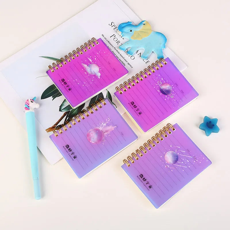 Rollover coil spiral notebook in A7 size with PP plastic cover showing Constellation design and open pages