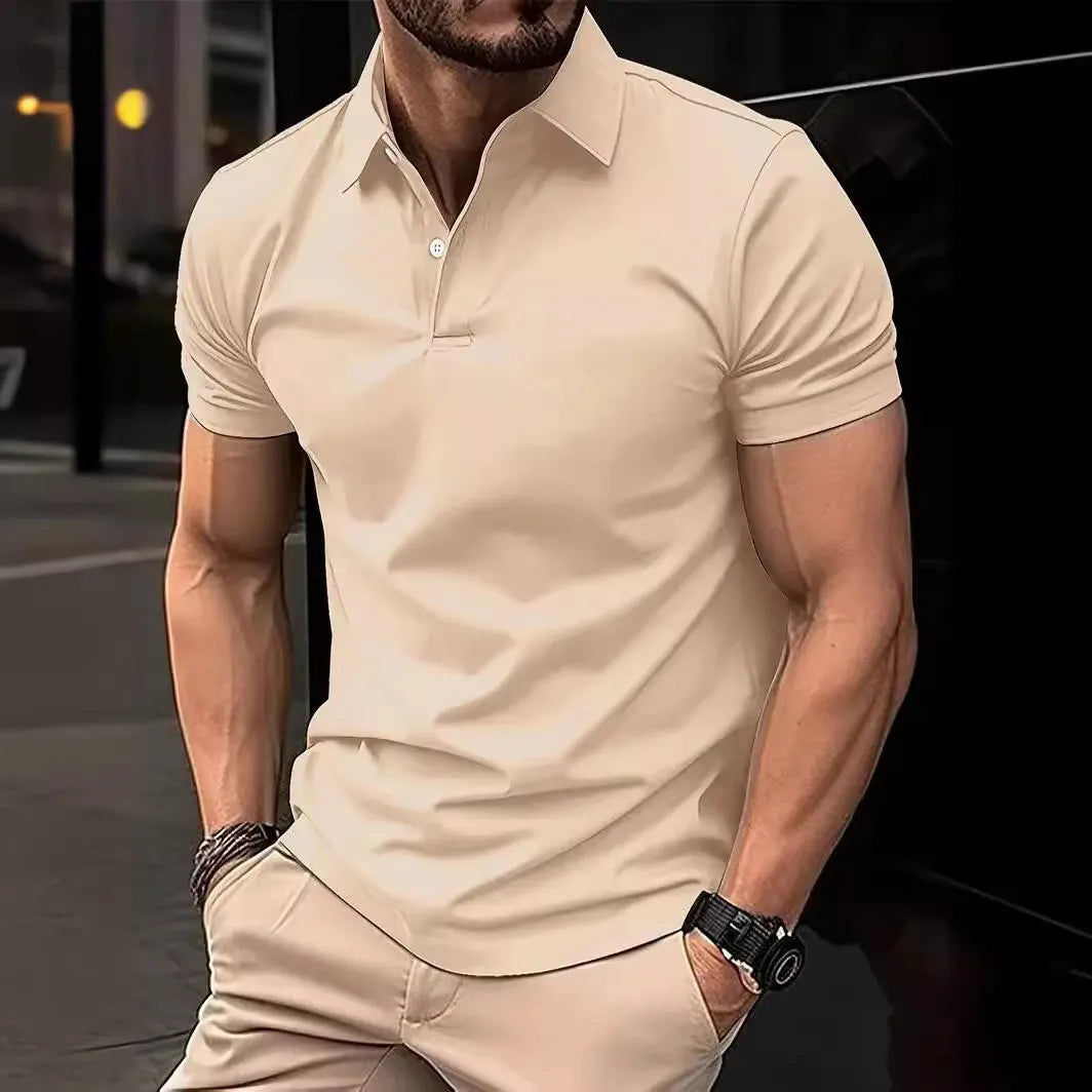Men's slim fit solid colour cotton blend short sleeve button-down shirt