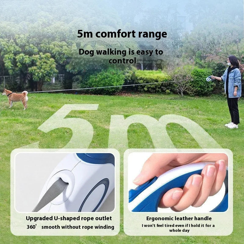 Retractable dog lead 3m 5m in blue wine red brown with PP TPR housing and optional trash can