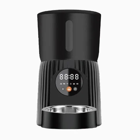 Black automatic pet feeder with digital display and food compartment