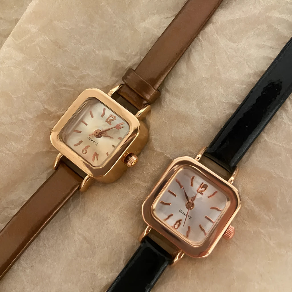 Women's fashion watch with alloy case in retro style showing four colour options: black, white, pink, brown