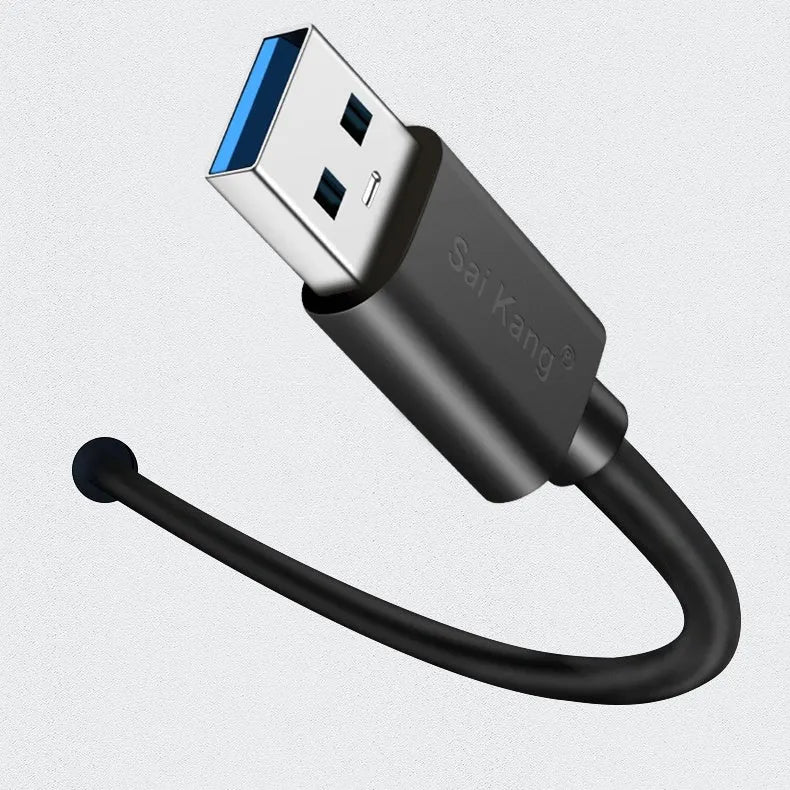 Black USB extension cable with male and female connectors showing length options and double-shielded construction.