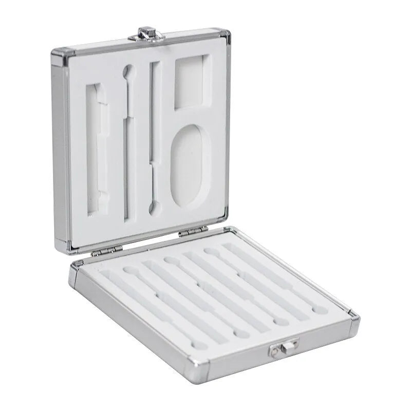 Silver aluminium portable storage box for a soldering iron, showing mini size.