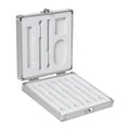 Silver aluminium portable storage box for a soldering iron, showing mini size.
