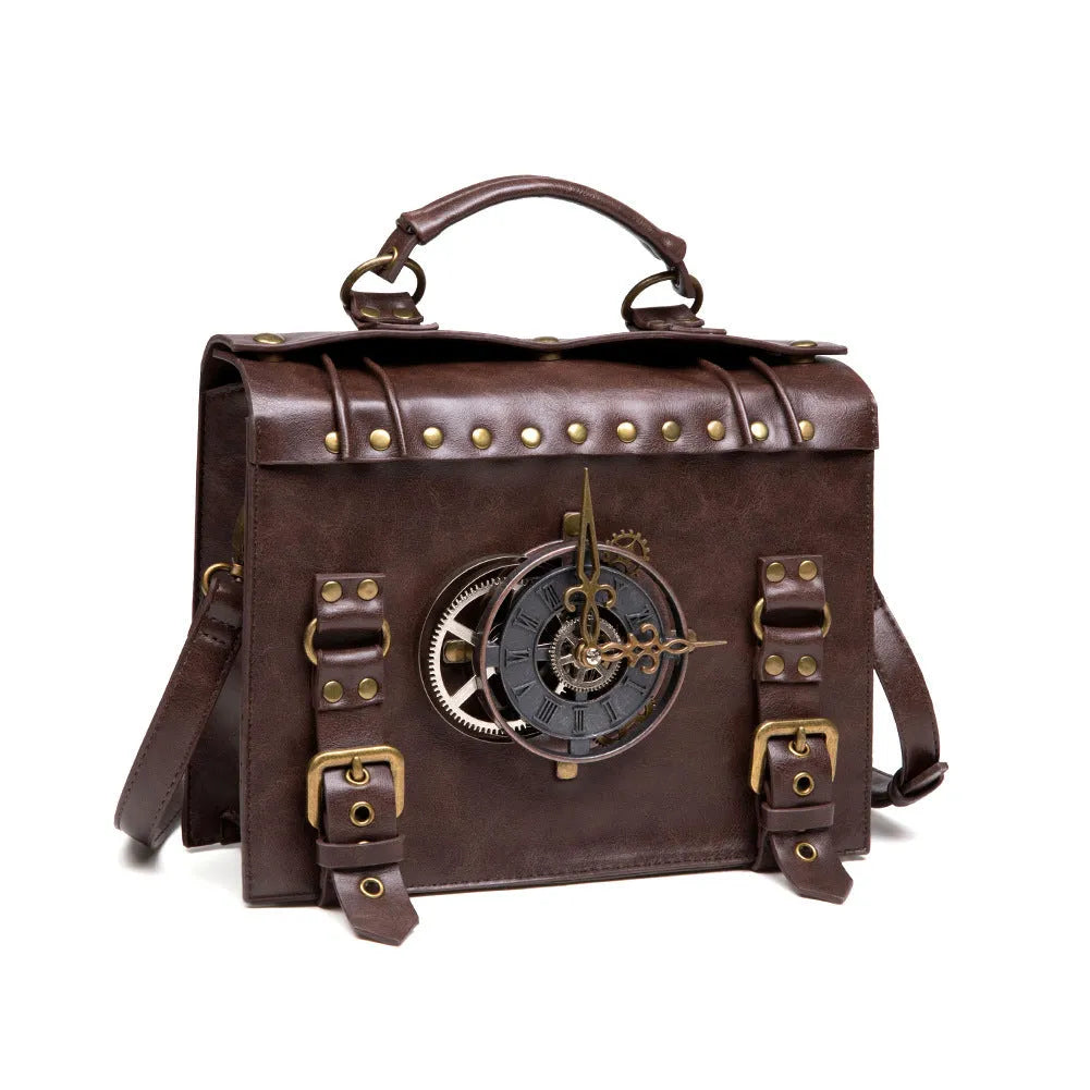 Bronze steampunk industrial retro shoulder bag with metal accents and square pillow shape