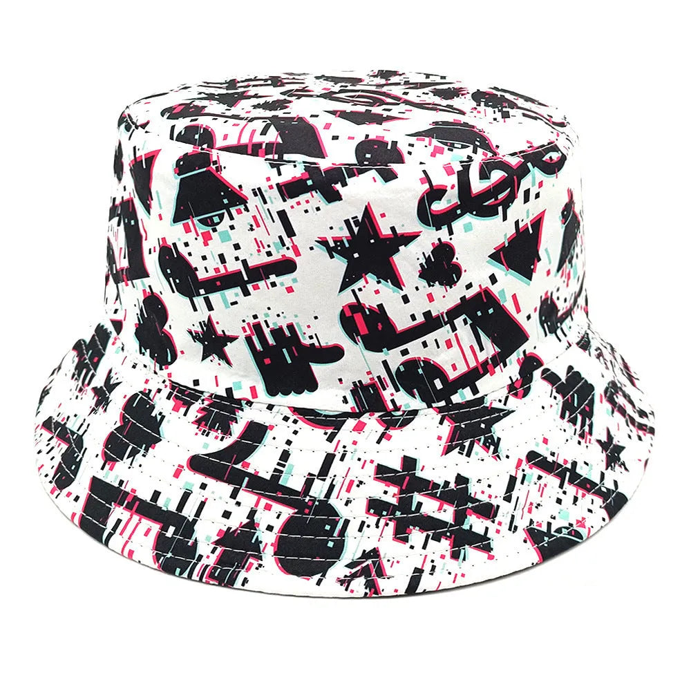Retro musical note print bucket hat on a white background, dome crown, M size 56-58cm.