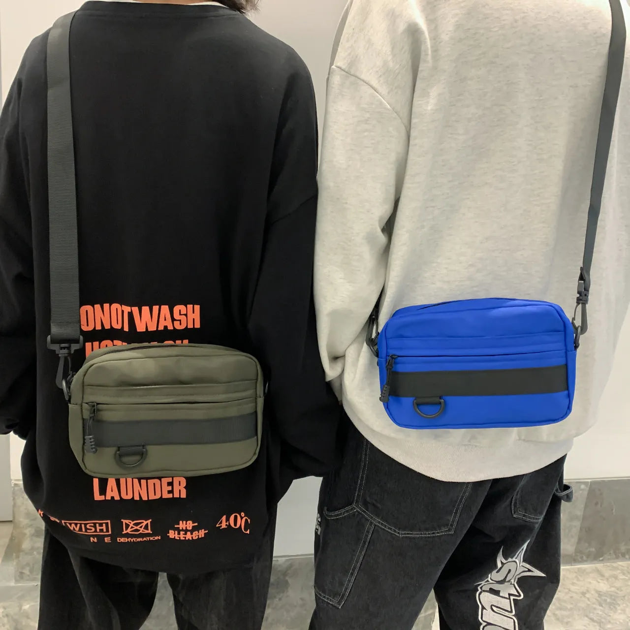 Men's nylon crossbody messenger bag in black, blue, green, or white with 22cm length