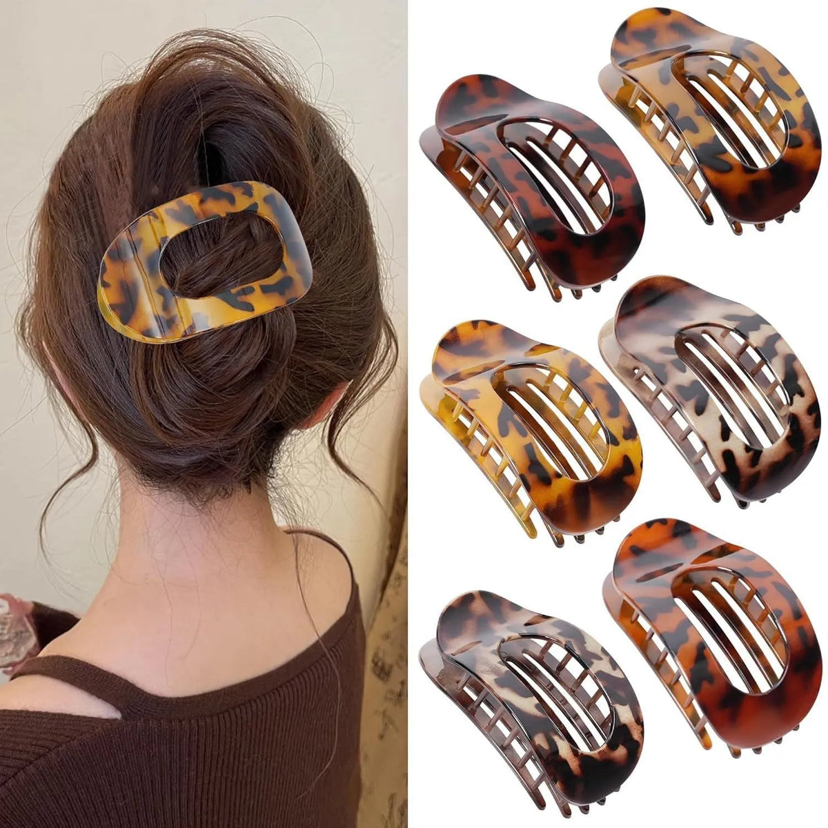 Six plastic hair clips with quadrilateral shape and frosted grip surface in nude and rose red colours