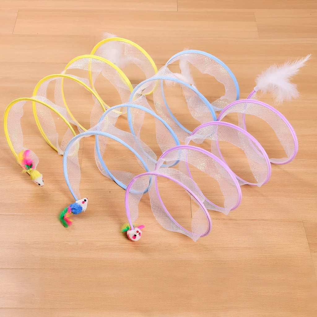 Collapsible cat tunnel toy with feather teaser and steel wire frame for indoor pet play