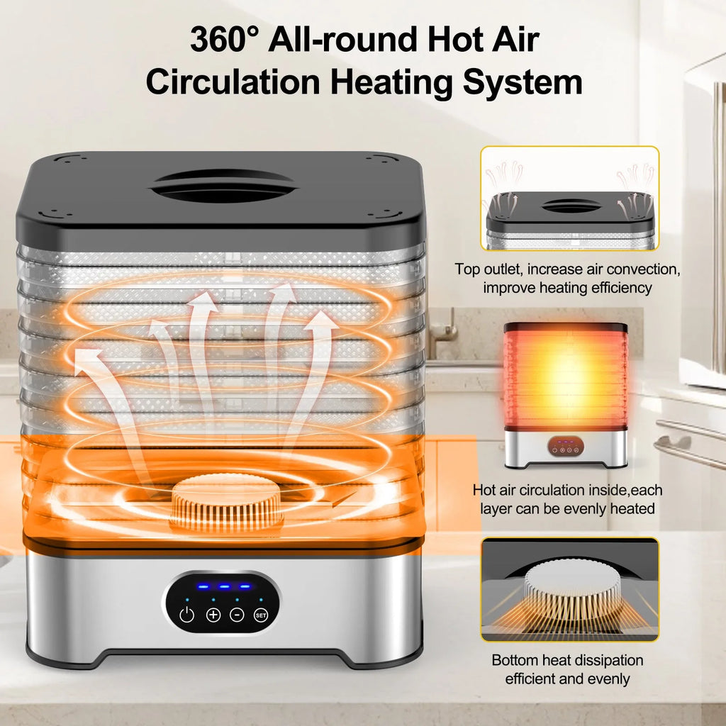 Silver household food dehydrator with eight stacking trays showing temperature controls and ventilation