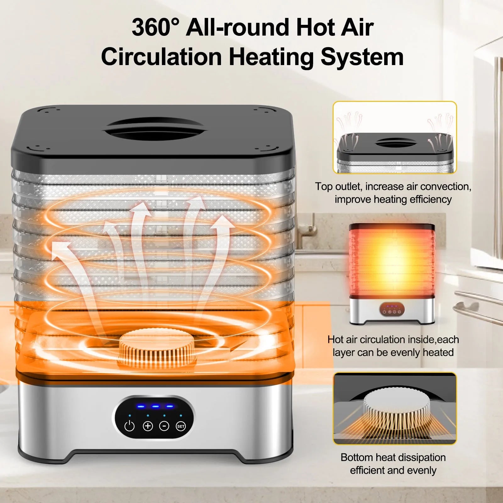Silver household food dehydrator with eight stacking trays showing temperature controls and ventilation