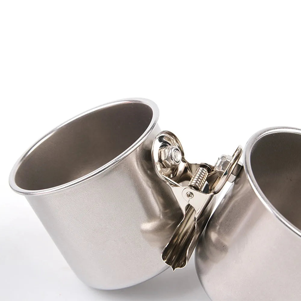 Stainless steel bird feeder food container in natural metal colour for outdoor use.