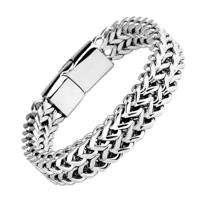 Silver titanium steel men's bracelet with geometric pattern on front and back surfaces