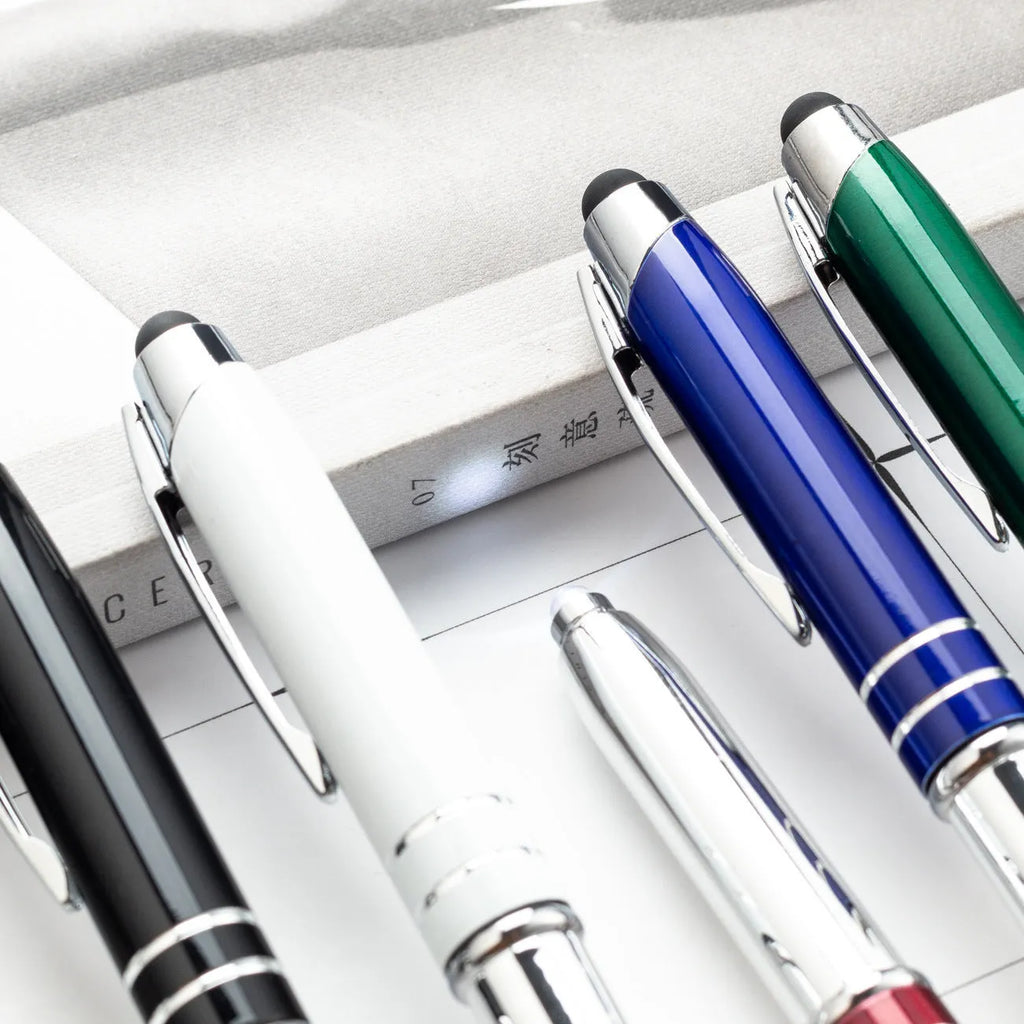 Multifunctional metal capacitive stylus ballpoint pen with LED light in red, black, white, green, and blue colours.