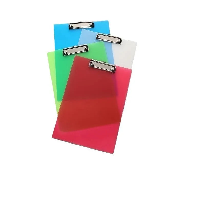 Transparent A4 plate holder with metal clip, shown in blue, acting as a writing board and document folder.