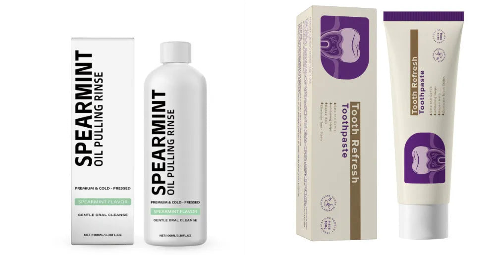 Spearmint oil pulling rinse set with one mouthwash and one toothpaste, mint formula with clove and peppermint oils