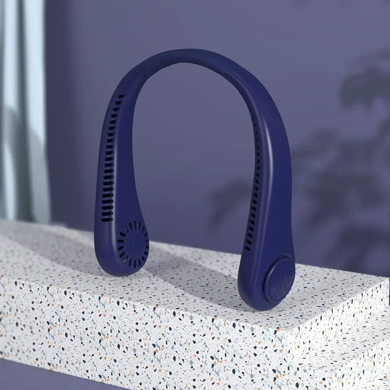 White USB rechargeable bladeless neck fan showing ergonomic neckband and streamlined air outlet