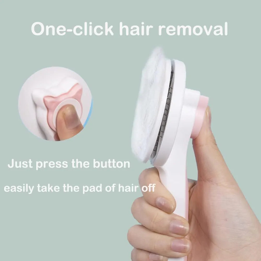 Blue self-cleaning cat brush with rubber-tipped metal pins and a non-slip handle.