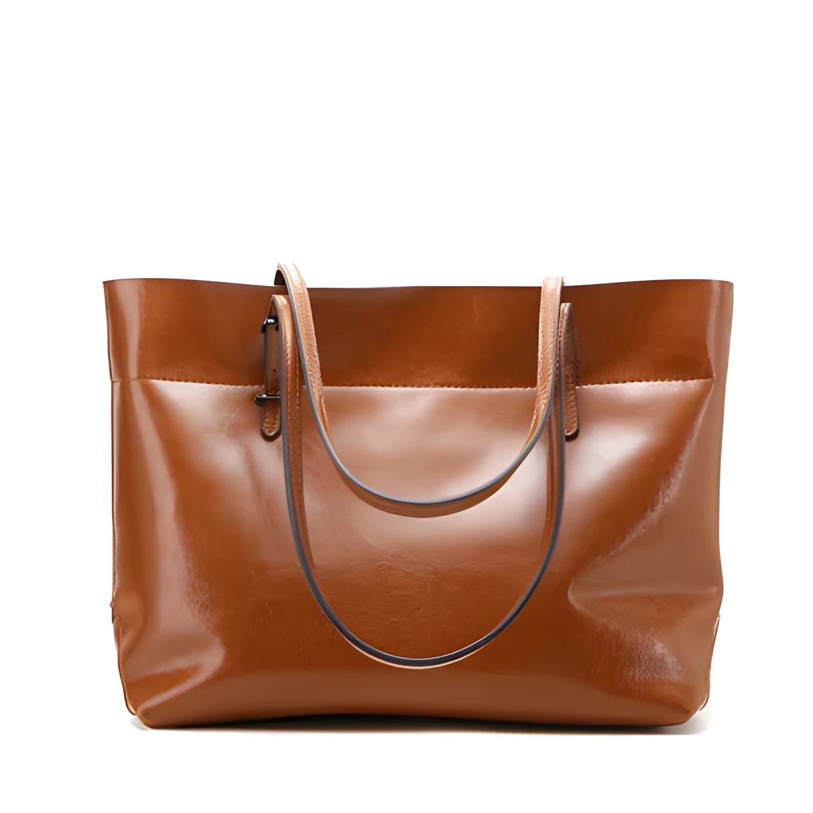 Brown wax cowhide cross-body leather handbag with two compartments showing internal mobile phone pouch.
