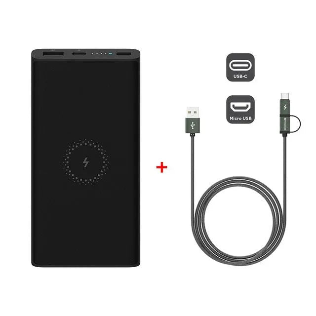 White or black 10000mAh power bank with USB-C and USB ports
