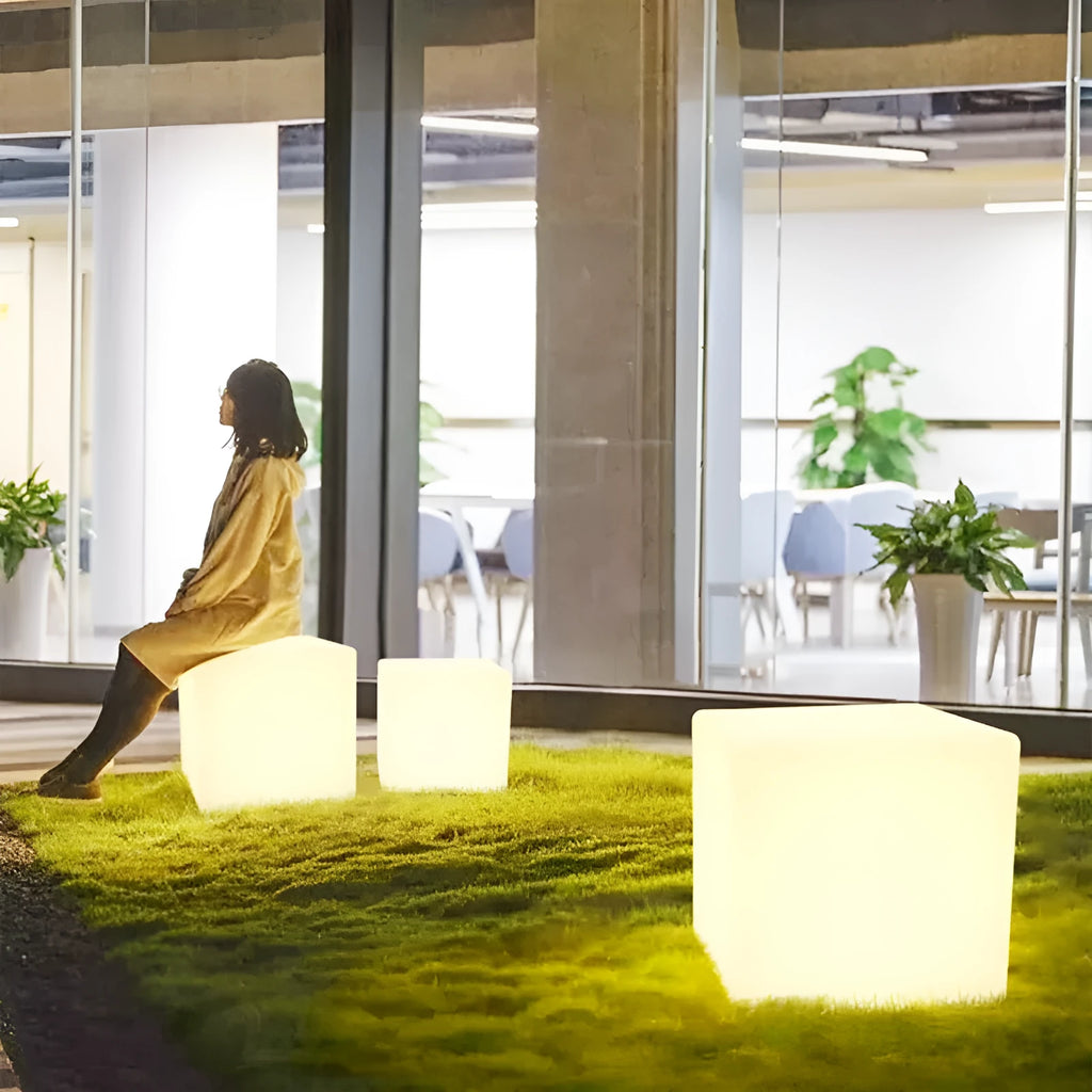 Square LED cube light stool in modern minimalist style with waterproof outdoor rating