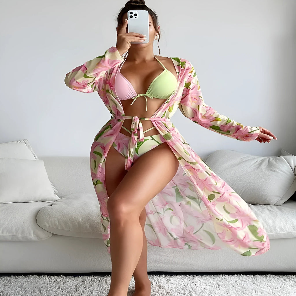 Printed quick-dry polyester bikini swimsuit for European and American women in S M L XL sizes
