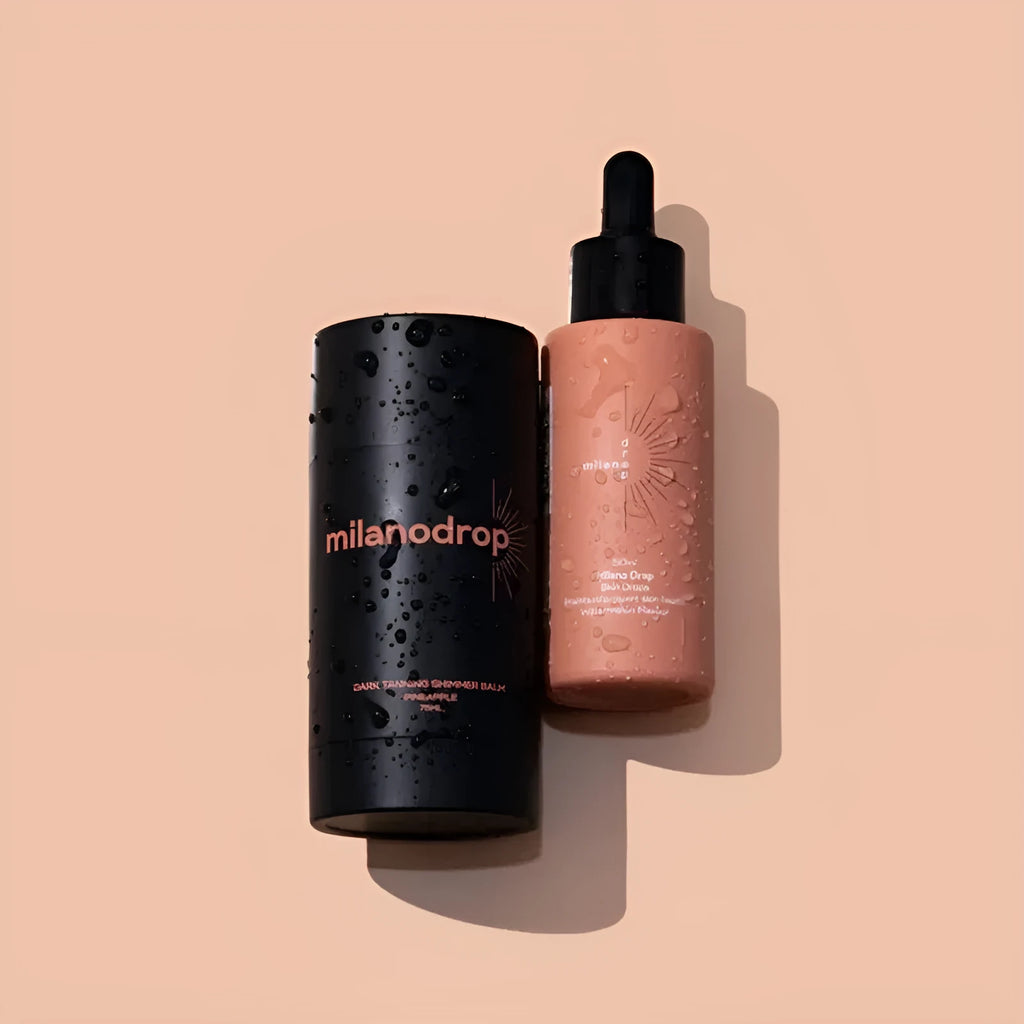 Matte sun tanning black liquid set showing 50ml tanning drops bottle and 75ml flash cream tube