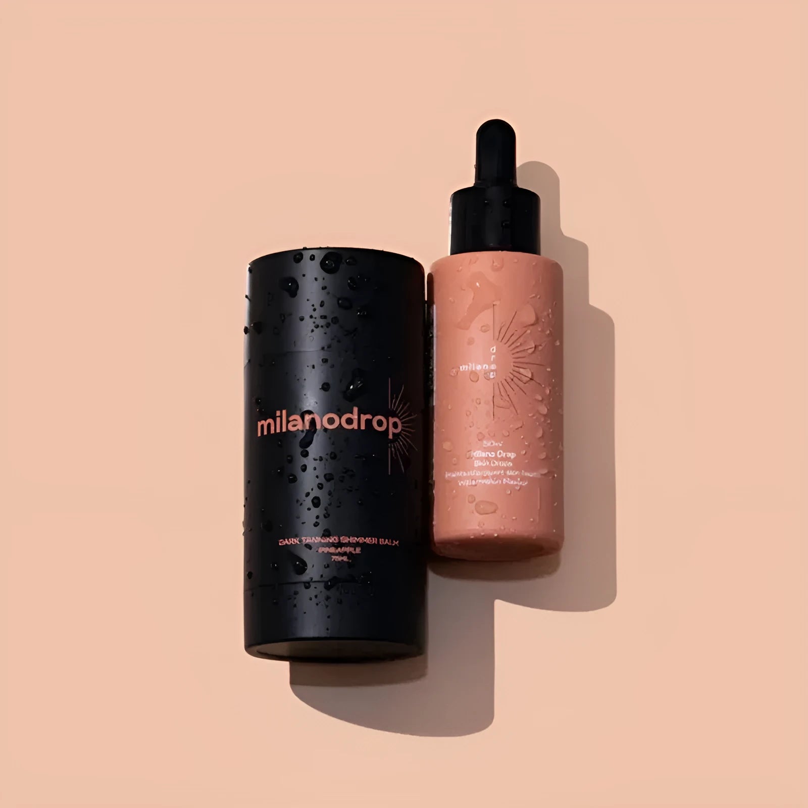 Matte sun tanning black liquid set showing 50ml tanning drops bottle and 75ml flash cream tube