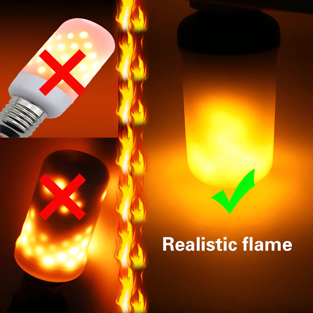 Atmosphere decorative LED flame effect lamp showing flickering fake fire light.