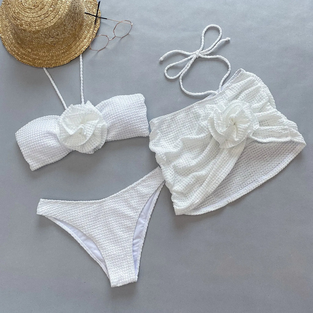 Women's three-piece bikini set with 3D flower split pattern in purple or white