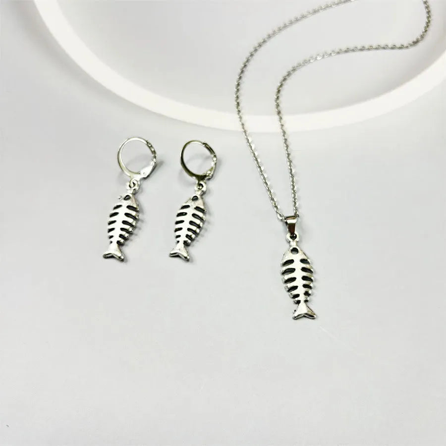 Fishbone pendant necklace and matching earrings set with adjustable chain length
