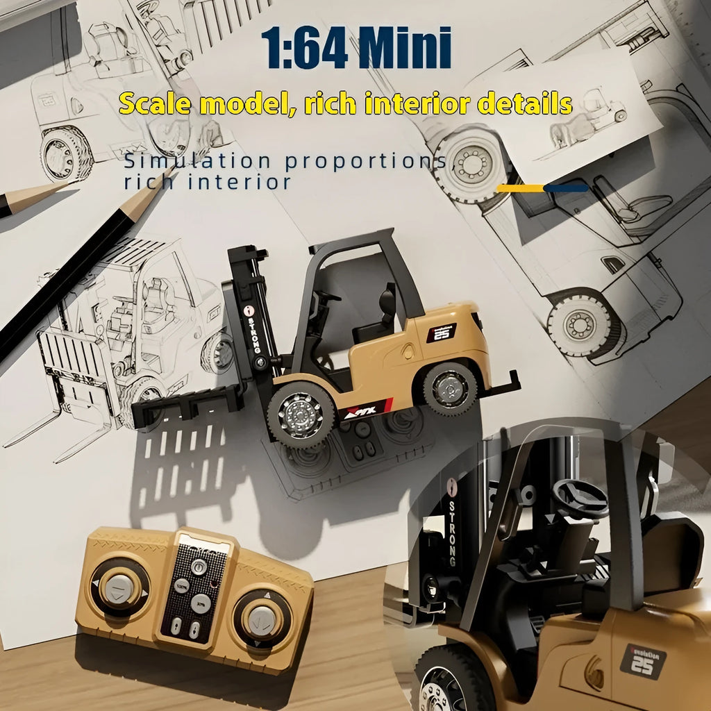 Bluetooth remote controlled 1:64 scale alloy forklift model toy with cargo forks and pallet.