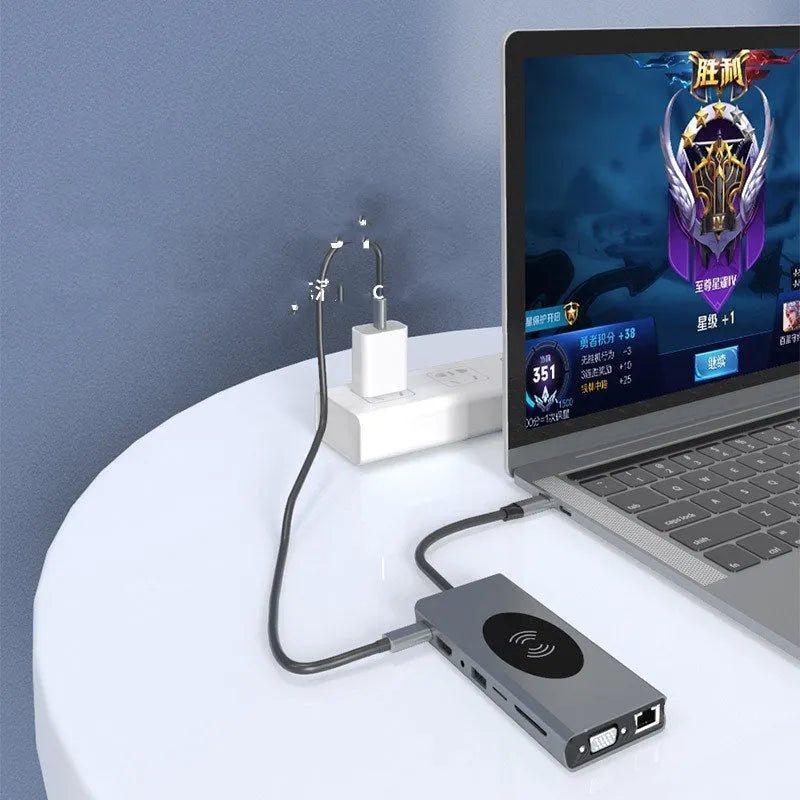 15-in-1 USB-C docking station with 10W wireless charging pad and multiple ports, model 15 in 1.
