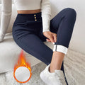 Women's navy blue high waist slim fit trousers with straight leg design