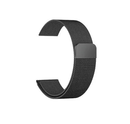 Stainless steel watch strap in silver, shown next to a watch case, illustrating the 22mm width.