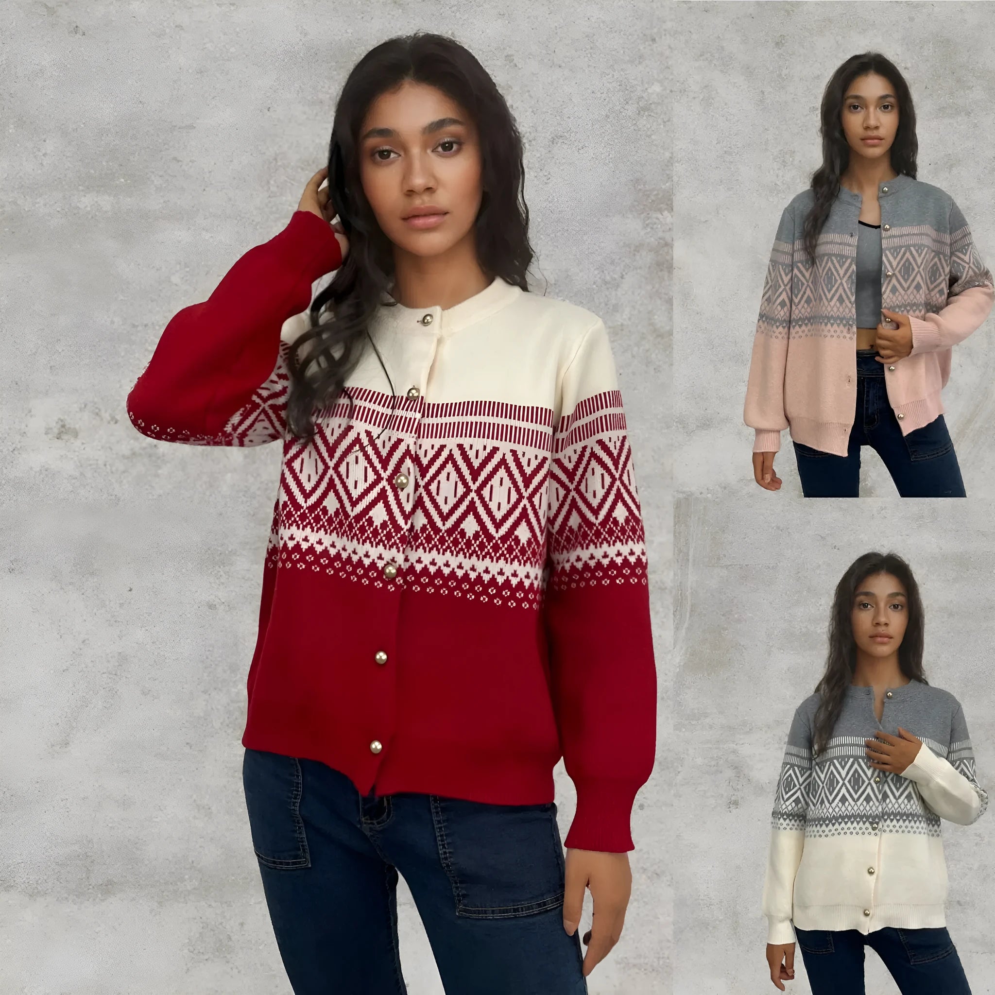 Long-sleeved red alpaca wool cardigan with a colourful diamond knit pattern