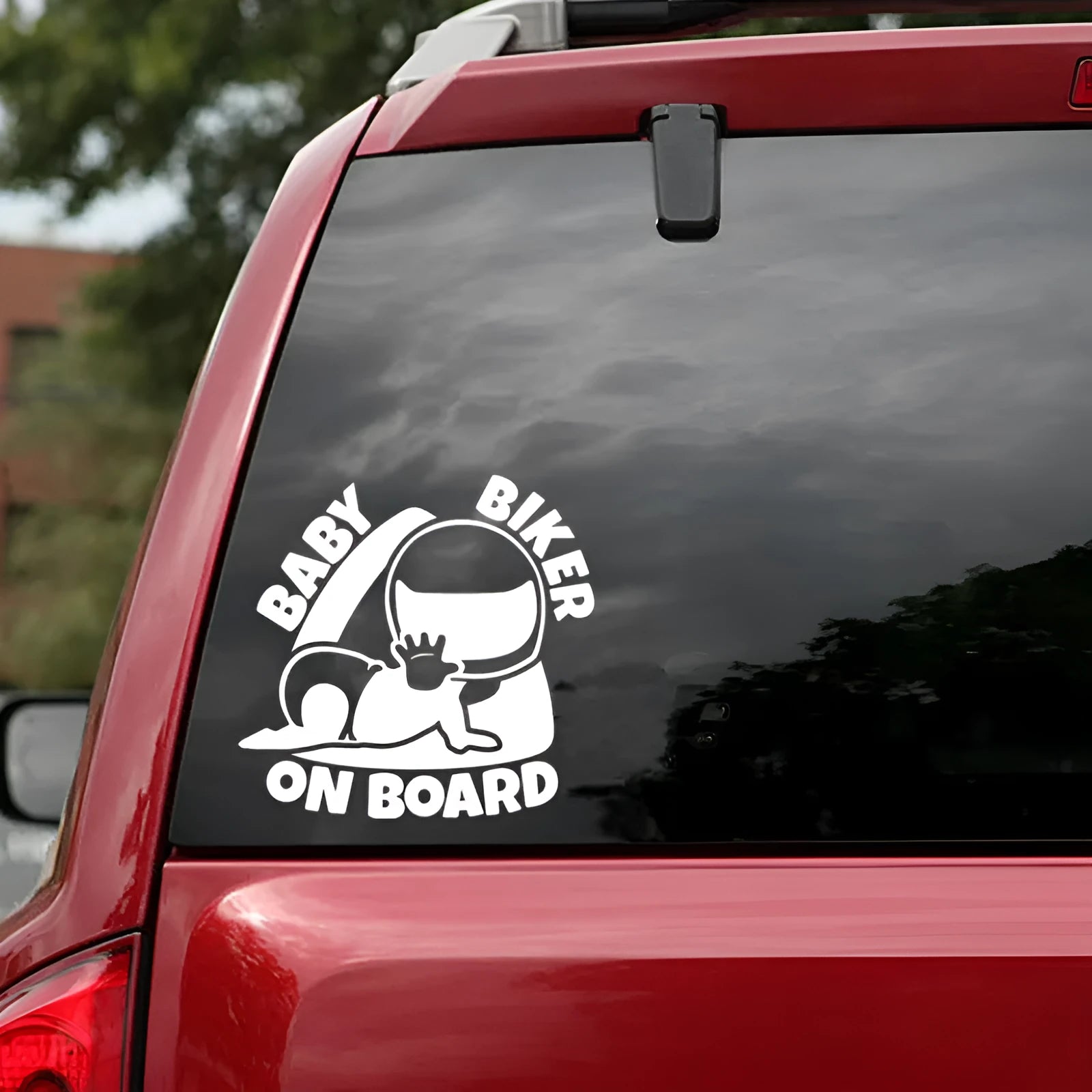 Black and white reflective BABY ON BOARD car sticker measuring 14.5 by 15 centimetres