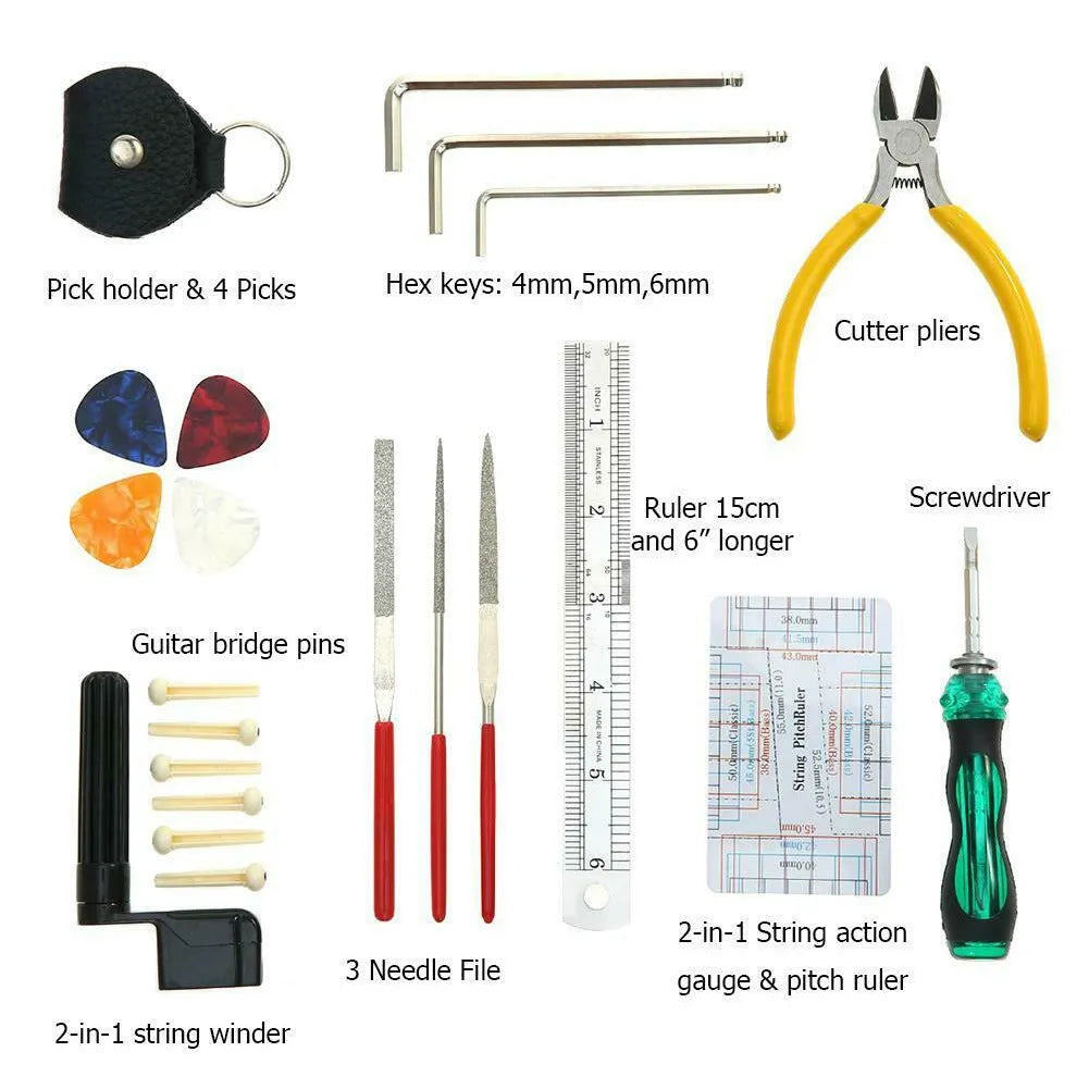 Black rectangular guitar repair tool kit case with tools for guitar, bass, mandolin, and banjo maintenance.