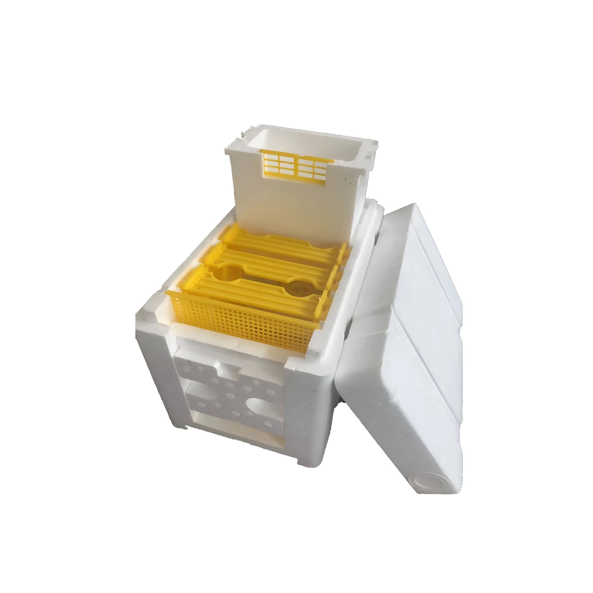 Three white foam bee queen transport boxes for beekeeping and mating applications
