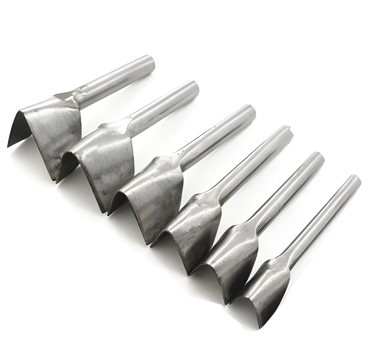Six steel leather punch tools in half-round and V-shape profiles, sizes 15mm to 40mm