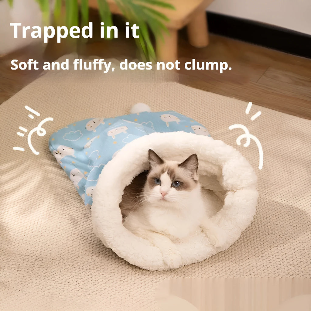 Flannel cat sleeping bag nest bed in pink trojan design, 50 by 40 cm.