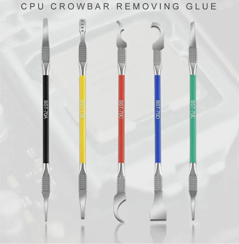 Five-piece stainless steel disassembly tool set with thin blades for plastic removal.