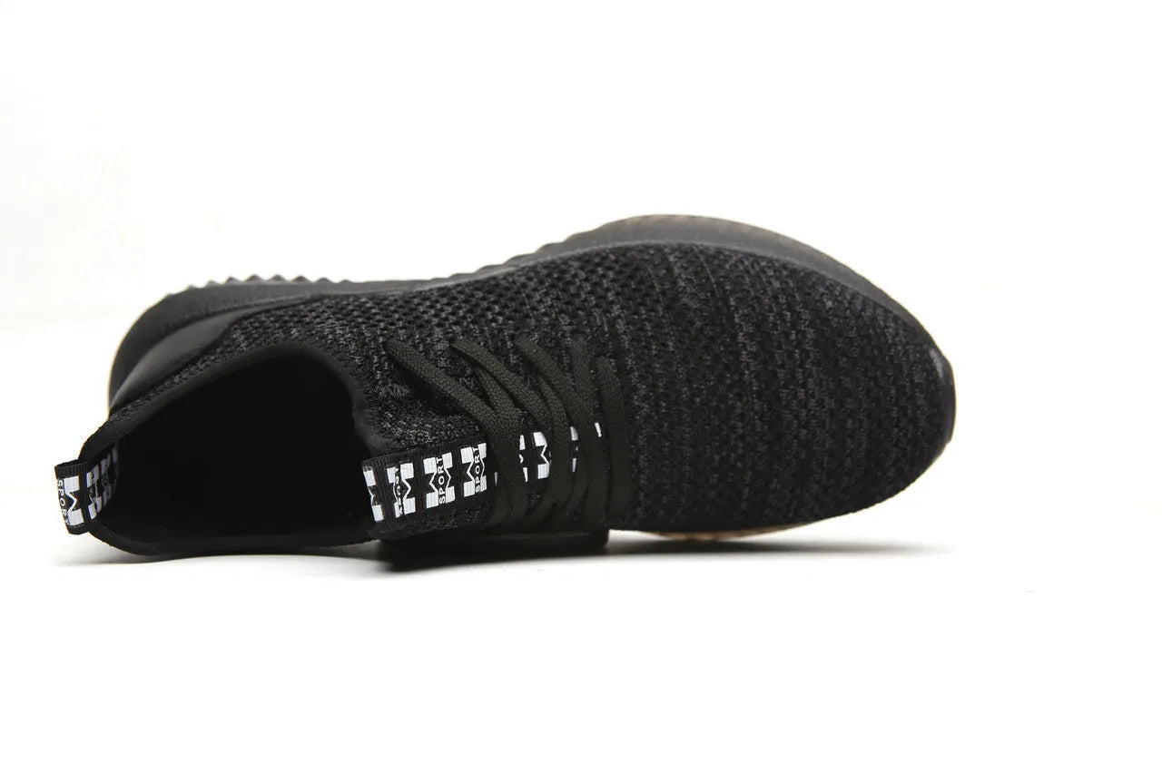Black low-cut work safety shoes with a steel toe cap and EVA sole for shock protection.