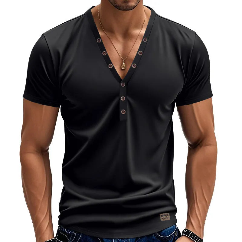 Men's loose thin trendy V-neck top with buttons design in chemical fibre blend fabric available in multiple colours