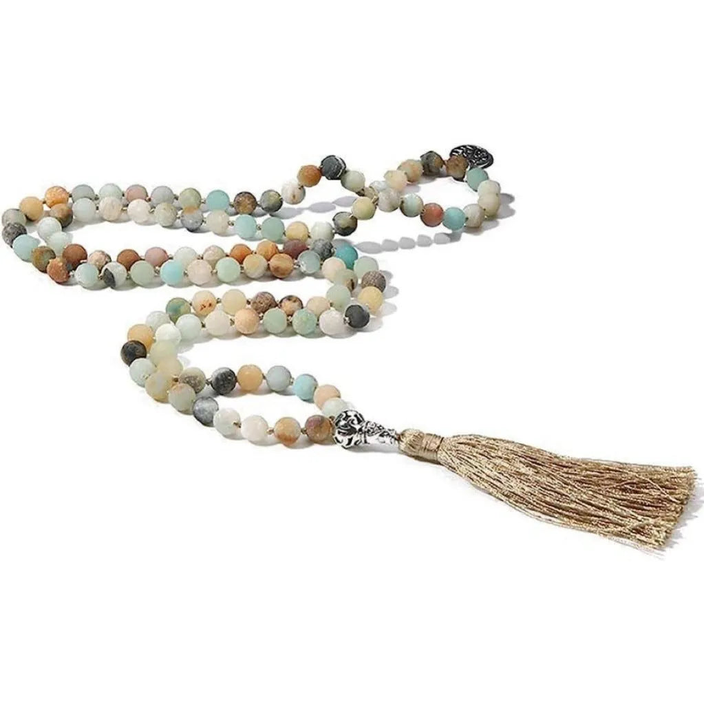Handmade natural stone beaded necklace with 108 8mm knotted beads in 81cm length showing geometric shape and regular chain style