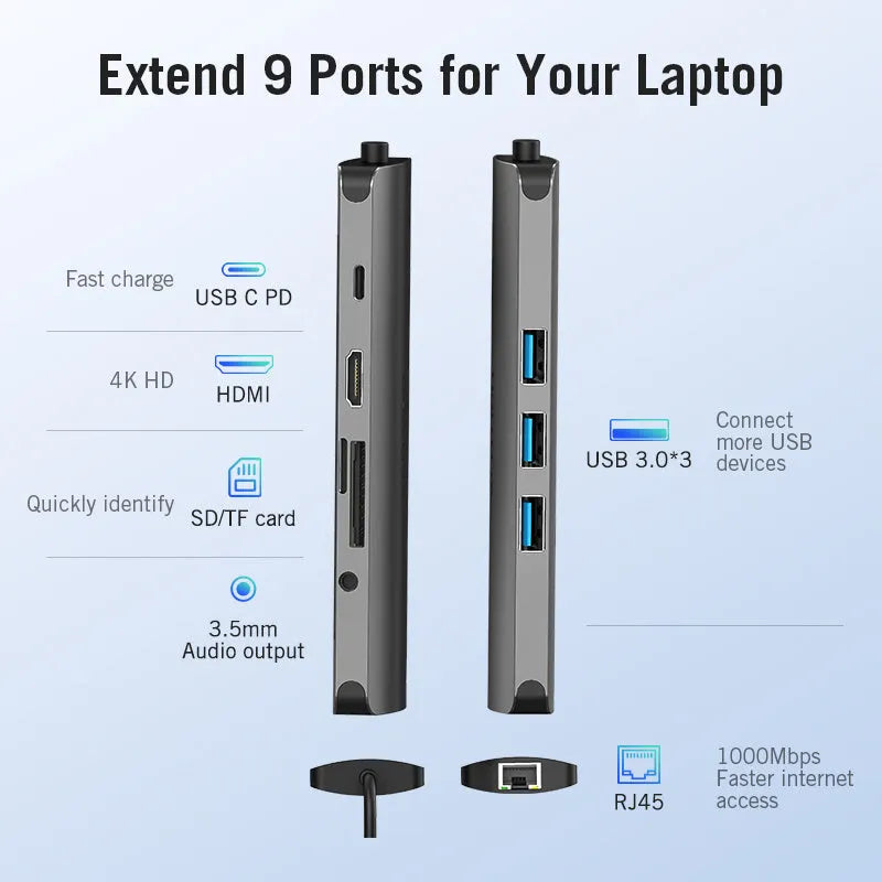 Deep grey Type-C to HDMI, USB 3.0, Ethernet, and card reader hub adapter on a desk